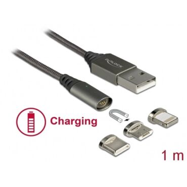 DELOCK kábel USB mágneses töltőkábel készlet 8 Pin / Micro USB / Type-C, 1m, antracit